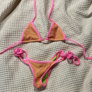 Neon Pink Trim Two-Piece Bikini Set - Yellow Mesh Swimwear
